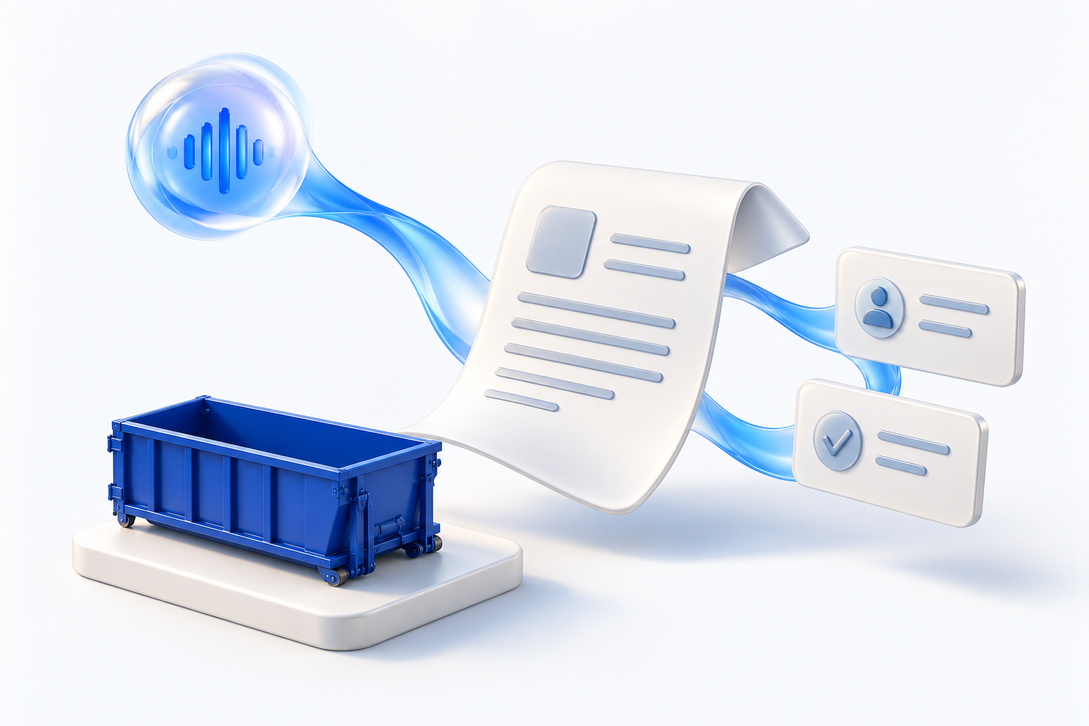 Original illustration of a voice signal connecting a rental dumpster, a document and customer records